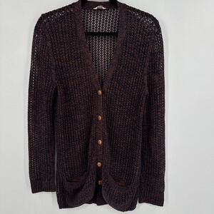 Fossil Cardigan Sweater Womens Small Brown Open Knit Button Front Pockets Boho‎